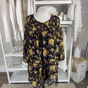 Laurel Grey size large baby doll dress semi sheer sleeve black soft yellow #2614